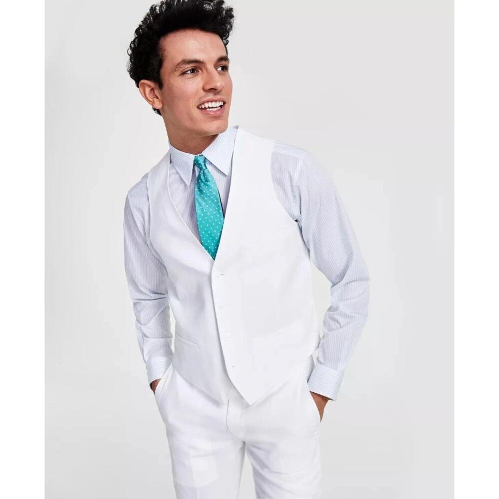 Bar III Men's White Linen Classic Tailored Slim-Fit Linen Suit Vest Size XL
